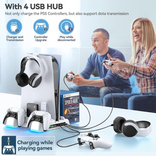 PS5 Stand with Suction Cooling Fan and Dual Controller Charger Station for Playstation 5 PS5 Console, Suction Cooler Fan 2 IN1 Cable Included