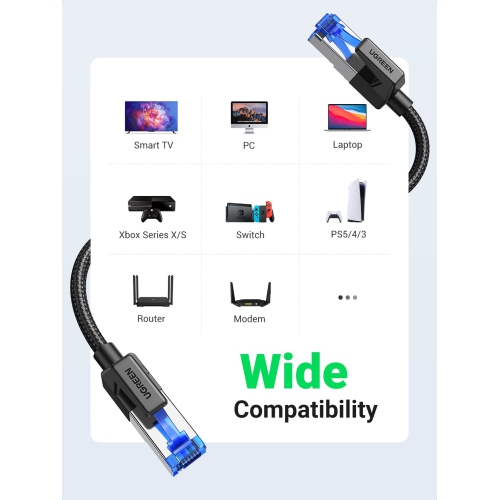 Câble Ethernet Cat 8 DE 10 PI; Câble réseau haute vitesse tressé 40 Gb/s; Câble réseau RJ45 de 2000 MHz; câbles réseau local robuste C blindé