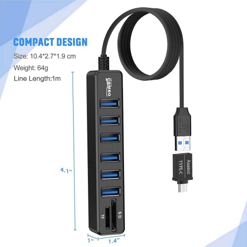 Auanoz USB Hub, USB Splitter, 6-Port HUB External Combo USB 2.0 HUB+SD Multi-Function Card Reader for Mac Pro/Mini, iMac, Ps
