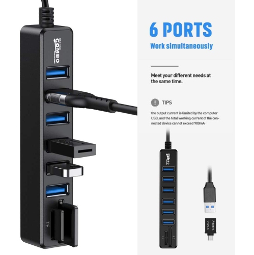 Auanoz USB Hub, USB Splitter, 6-Port HUB External Combo USB 2.0 HUB+SD Multi-Function Card Reader for Mac Pro/Mini, iMac, Ps