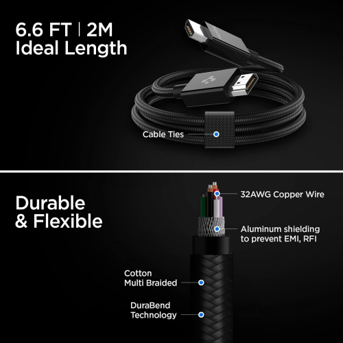 Spigen 8K HDMI Cable, 6.6ft 48Gbps Ultra High Speed HDMI 2.1 Certified, 8K/60Hz 4K/120Hz Dynamic HDR eARC 3D HDMI Cord Compa