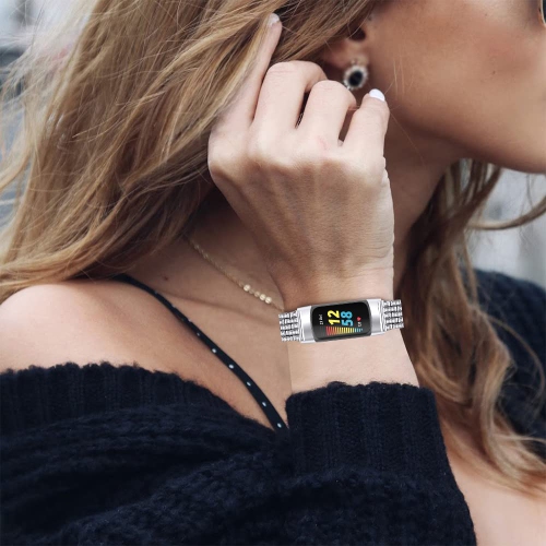 Compatible with Fitbit Charge 5 Wristband Stainless Steel Metal Band Bracelet Jewel Strap Replacement Crystal Bands for Char