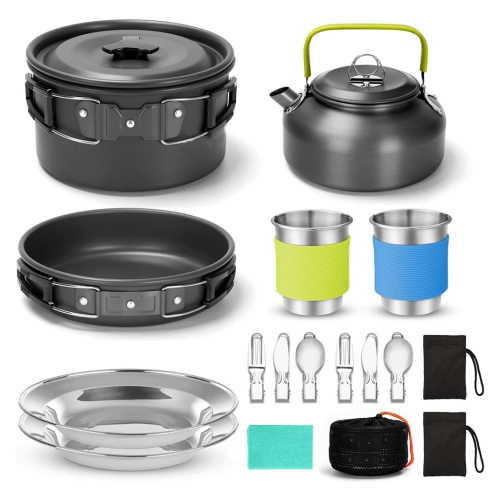NIERBO  15PCs Camping Cookware Mess Kit, Non-Stick Lightweight Pot Pan Kettle Set w Stainless Steel Cups Plates Forks Knives Spoons for Camping
