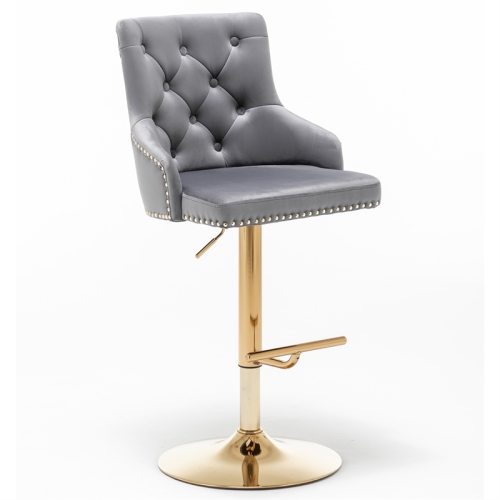 Brightcast 2-piece Velvet Tufted Gold Bar Stools in Dark Gray