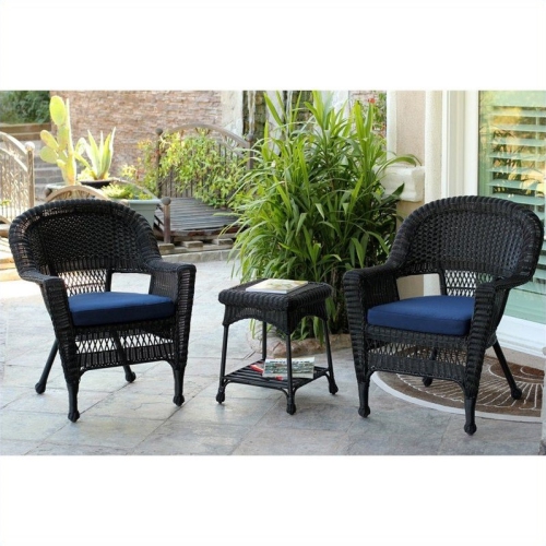 JECO INC. Jeco 3 Piece Wicker Conversation Set In Black With Blue Cushions