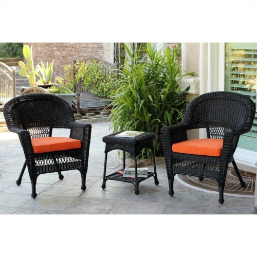 Jeco 3 Piece Wicker Conversation Set in Black with Orange Cushions