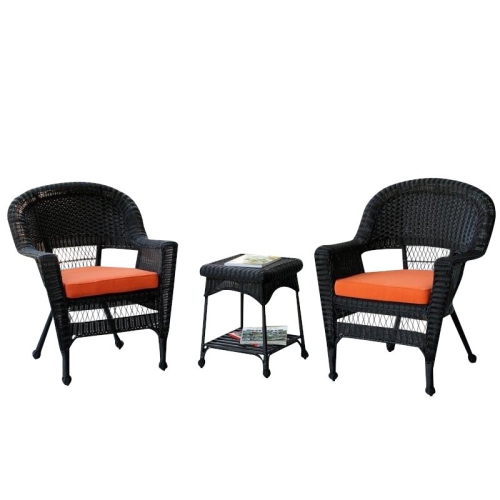 Jeco 3 Piece Wicker Conversation Set in Black with Orange Cushions