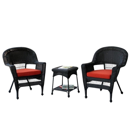 Jeco 3 Piece Wicker Conversation Set in Black with Red Orange Cushions