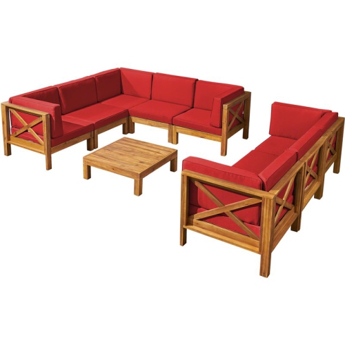 NOBLE HOUSE  Brava Wood 8 Seater Sectional Sofa Set With Coffee Table Teak/red