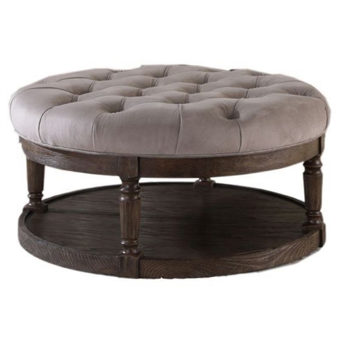 Best Master Linen Fabric Upholstered Round Ottoman in Otter/Smoked Rustic Gray