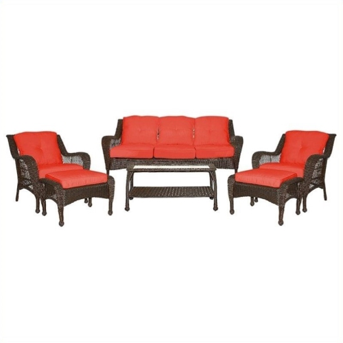 JECO INC.  Jeco 6PC Wicker Seating Set In Espresso With Cushions In Red