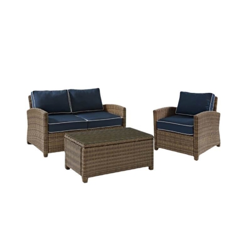 3 Piece Patio Set with Loveseat, Glass Top Coffee Table, and Chair in Navy