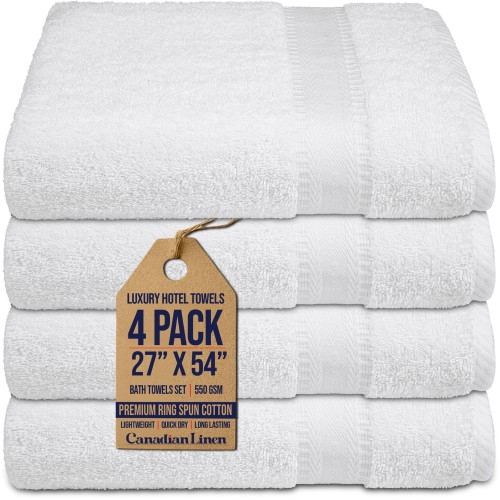 Canadian Linen Large Bath Towels, 27"x54", 4 Pack, Soft Absorbent Cotton Lightweight Quick Dry Towel Sets for Hotel Bathroom Spa Hair Salon Gym, White