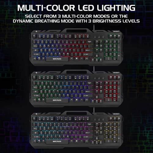 ENHANCE Infiltrate KL2 Membrane Gaming Keyboard - Quiet Keyboard with 3 Multi Color LED Lighting Modes, Turbo Input Mode, Anti-Ghosting, 19 Key Roll