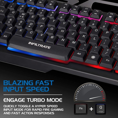 ENHANCE Infiltrate KL2 Membrane Gaming Keyboard - Quiet Keyboard with 3 Multi Color LED Lighting Modes, Turbo Input Mode, Anti-Ghosting, 19 Key Roll