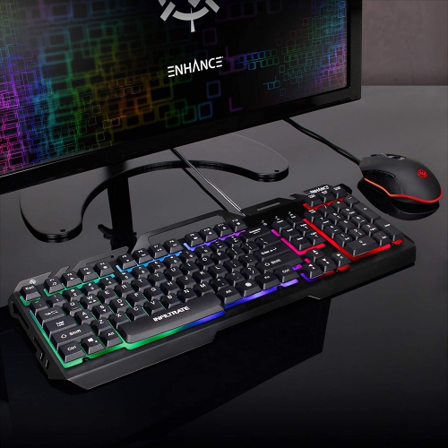 ENHANCE Infiltrate KL2 Membrane Gaming Keyboard - Quiet Keyboard with 3 Multi Color LED Lighting Modes, Turbo Input Mode, Anti-Ghosting, 19 Key Roll