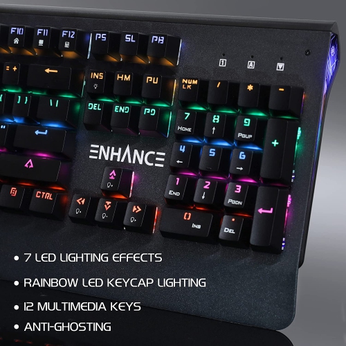 ENHANCE Pathogen 2 Blue Switch Mechanical Gaming Keyboard - with Fast 1ms Response Polling Rate, Integrated Wrist Rest, 26KRO & Anti-Ghosting, 7 LED