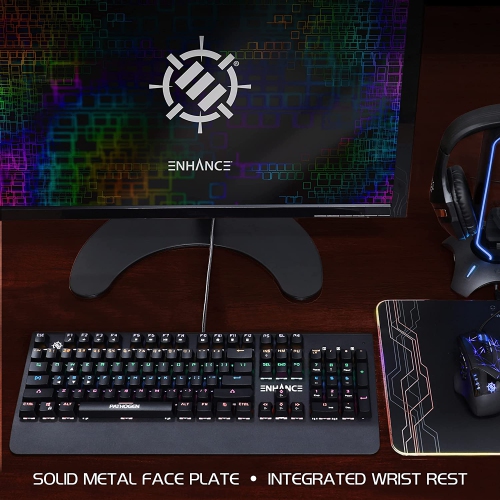 ENHANCE Pathogen 2 Blue Switch Mechanical Gaming Keyboard - with Fast 1ms Response Polling Rate, Integrated Wrist Rest, 26KRO & Anti-Ghosting, 7 LED