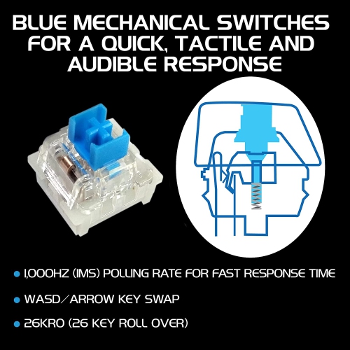 ENHANCE Pathogen 2 Blue Switch Mechanical Gaming Keyboard - with Fast 1ms Response Polling Rate, Integrated Wrist Rest, 26KRO & Anti-Ghosting, 7 LED