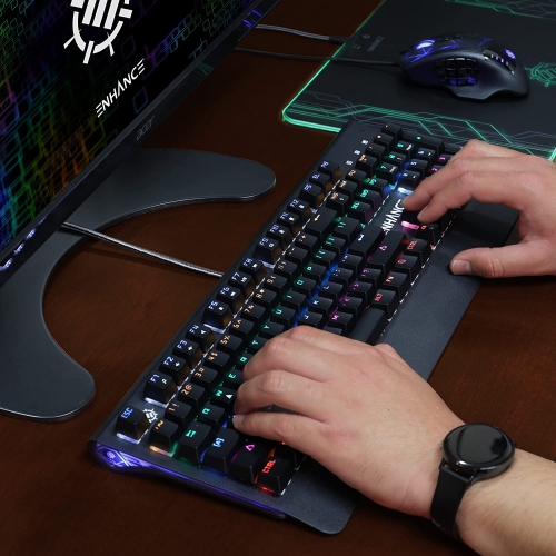 ENHANCE Pathogen 2 Blue Switch Mechanical Gaming Keyboard - with Fast 1ms Response Polling Rate, Integrated Wrist Rest, 26KRO & Anti-Ghosting, 7 LED