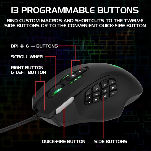 ENHANCE Theorem 2 MMO LED RGB Gaming Mouse with 13 Programmable Side Buttons - with 6 Customizable DPI Settings, 5 Gaming Profiles, Quick Fire