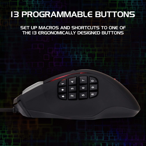 ENHANCE Theorem 2 MMO LED RGB Gaming Mouse with 13 Programmable Side Buttons - with 6 Customizable DPI Settings, 5 Gaming Profiles, Quick Fire