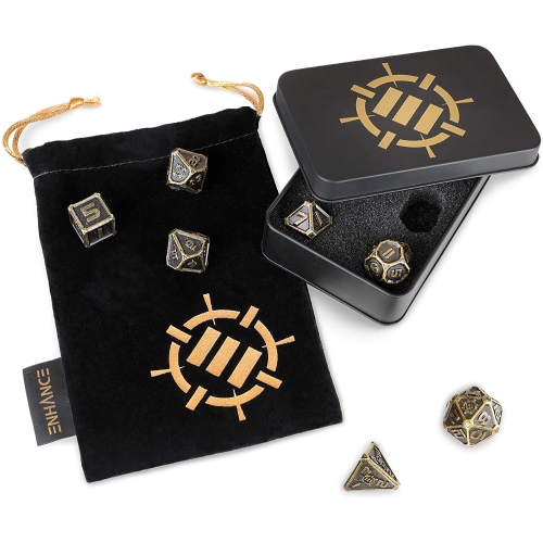 ENHANCE DND Metal Dice Set - 7pc Solid Zinc Alloy Polyhedral DND Dice with Metal Storage Case and Drawstring Dice Bag Included - RPG Dice for Dungeon