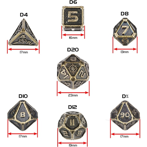 ENHANCE DND Lot de 7 dés polyédriques DND en alliage de zinc massif avec étui de rangement en métal et sac à dés à cordon inclus – Dés RPG pour
