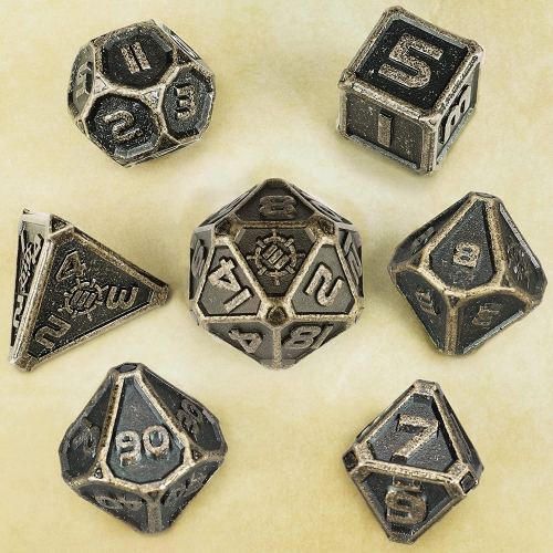 ENHANCE DND Lot de 7 dés polyédriques DND en alliage de zinc massif avec étui de rangement en métal et sac à dés à cordon inclus – Dés RPG pour