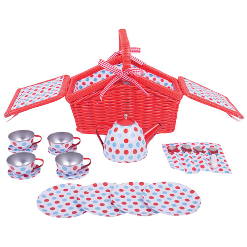 Bigjigs Toys Spotted Kids Tea Set with Wicker Basket