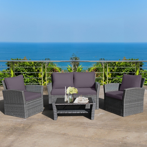 Marque Costway 4 pièces ensemble de meubles en rotin de Patio canapé Table étagère de rangement coussin