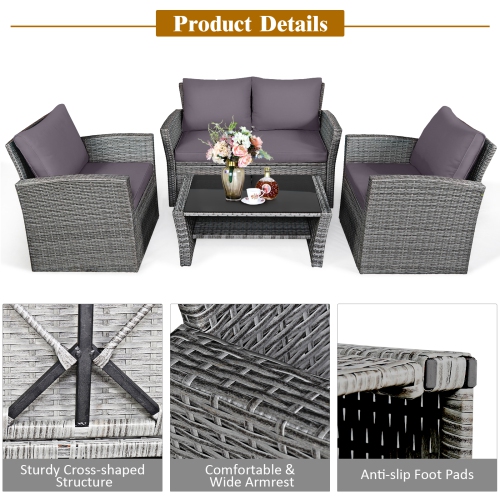 Costway 4PCS Patio Rattan Furniture Set Sofa Table W/Storage Shelf And Cushion