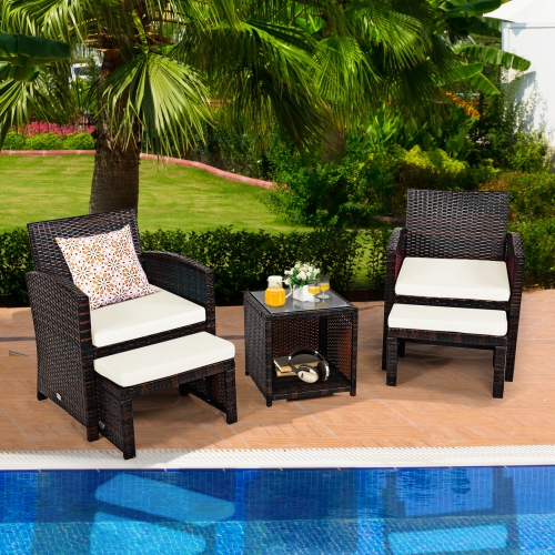 Patiojoy 5 PCS Patio Rattan Wicker Furniture Set Chair Coffee Table Kit w/Soft Cushion Ottoman Gray/Turquoise/White/Red