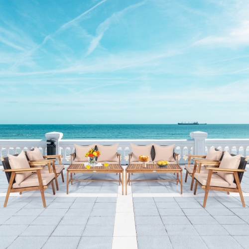 Patiojoy 8PCS Patio Rattan Furniture Set Wood Frame Cushioned Sofa with Coffee Table Sectional Conversation Sofa Set for Garden