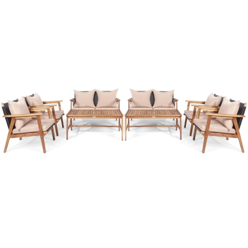 Patiojoy 8PCS Patio Rattan Furniture Set Wood Frame Cushioned Sofa with Coffee Table Sectional Conversation Sofa Set for Garden