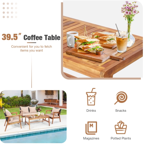 Patiojoy 8PCS Patio Rattan Furniture Set Wood Frame Cushioned Sofa with Coffee Table Sectional Conversation Sofa Set for Garden