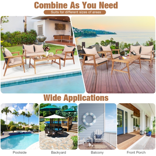 Patiojoy 8PCS Patio Rattan Furniture Set Wood Frame Cushioned Sofa with Coffee Table Sectional Conversation Sofa Set for Garden