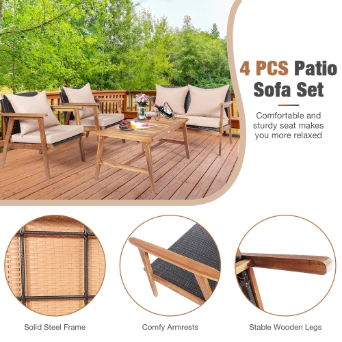 Patiojoy 8PCS Patio Rattan Furniture Set Wood Frame Cushioned Sofa with Coffee Table Sectional Conversation Sofa Set for Garden