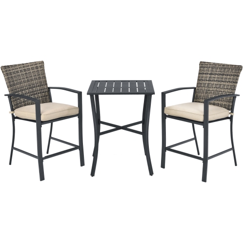 TOPBUY  Patiojoy 3-Piece Patio Rattan Furniture Set Outdoor Bistro Set Cushioned Chairs & Table Set Gray/brown