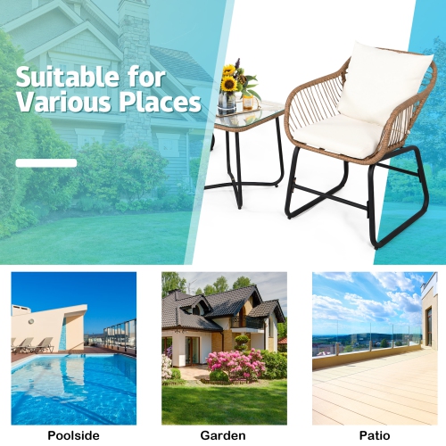 Patiojoy 3PCS Patio Rattan Furniture Set Outdoor Bistro Set w/Washable Cushion Conversation Set w/2 Armchairs for Backyard White