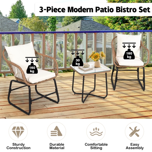 Patiojoy 3PCS Patio Rattan Furniture Set Outdoor Bistro Set w/Washable Cushion Conversation Set w/2 Armchairs for Backyard White