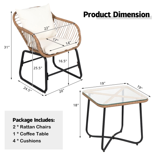 Patiojoy 3PCS Patio Rattan Furniture Set Outdoor Bistro Set w/Washable Cushion Conversation Set w/2 Armchairs for Backyard White