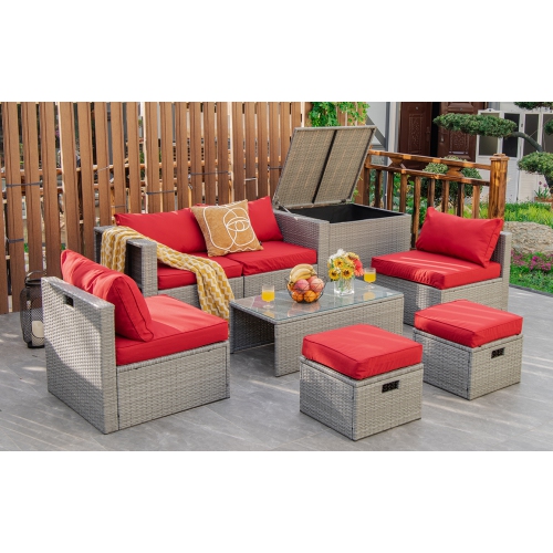 TOPBUY  Patiojoy 8 Pieces All-Weather Pe Rattan Patio Furniture Set Outdoor Space-Saving Sectional Sofa Set With Storage Box
