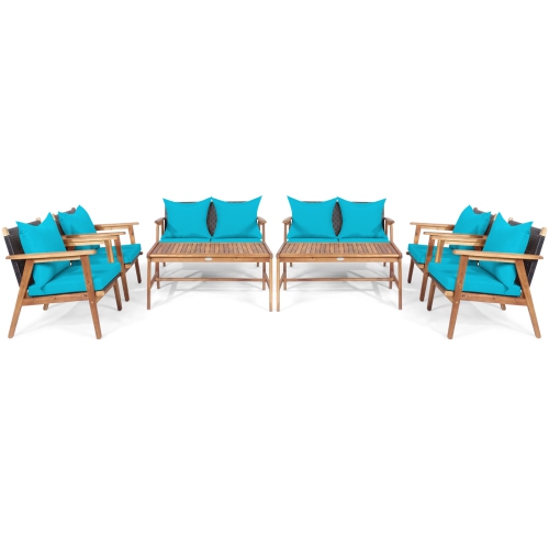 Patiojoy 8PCS Patio Rattan Furniture Set Wood Frame Cushioned Sofa with Coffee Table Sectional Conversation Sofa Set for Garden