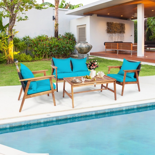 TOPBUY  Patiojoy 4PCs Patio Rattan Furniture Set Wood Frame Cushioned Sofa \w Coffee Table Sectional Conversation Sofa Set for Garden