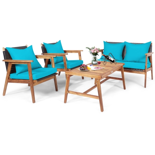 Patiojoy 4PCS Patio Rattan Furniture Set Wood Frame Cushioned Sofa with Coffee Table Sectional Conversation Sofa Set for Garden