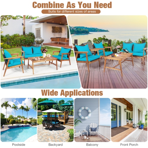 Patiojoy 4PCS Patio Rattan Furniture Set Wood Frame Cushioned Sofa with Coffee Table Sectional Conversation Sofa Set for Garden