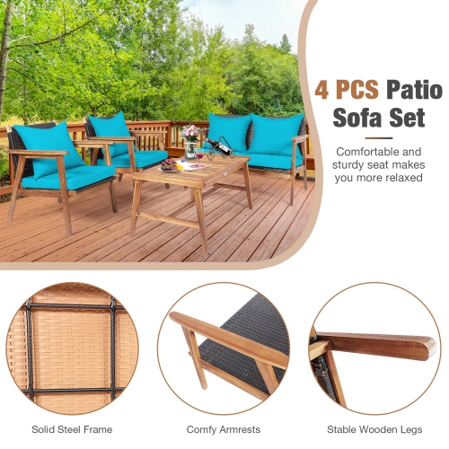 Patiojoy 4PCS Patio Rattan Furniture Set Wood Frame Cushioned Sofa with Coffee Table Sectional Conversation Sofa Set for Garden