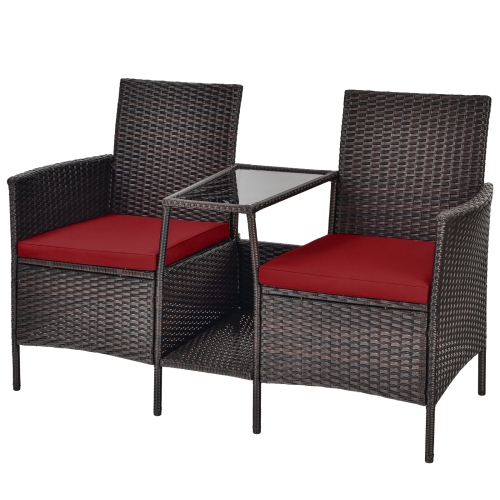 Patiojoy Patio Loveseat 2 Person Cushioned Seats With Center Table Outdoor Rattan Furniture Set Turquoise/ Red