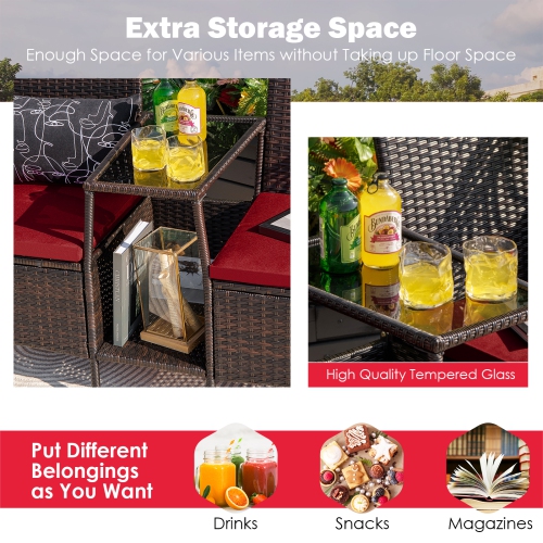 Patiojoy Patio Loveseat 2 Person Cushioned Seats With Center Table Outdoor Rattan Furniture Set Turquoise/ Red